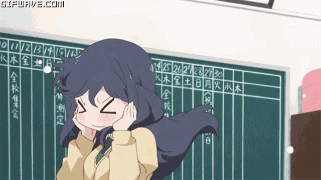 a girl with her eyes closed is standing in front of a chalkboard with numbers in chinese