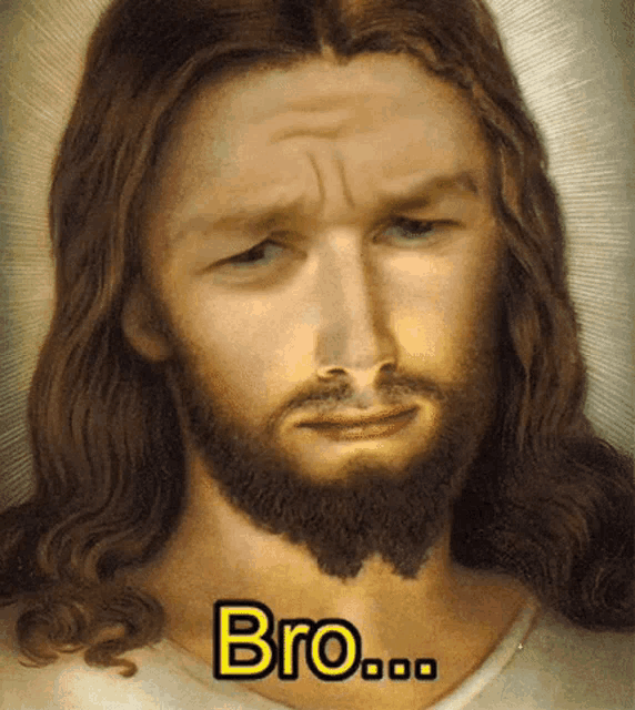 a painting of jesus with long hair and a beard with the word bro on it