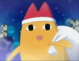 a cartoon character is wearing a santa hat and carrying a bag of presents