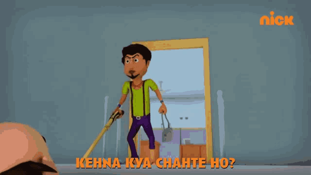 a cartoon of a man standing in front of a mirror with the words " kehna kya chante ho " above him