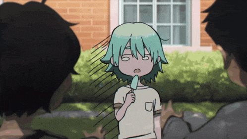 a little girl with green hair is eating an ice cream