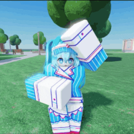 a girl in a blue and white striped outfit is standing in a field