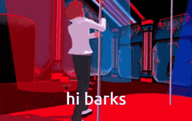 a pixel art of a man standing on a pole with the words hi barks above him
