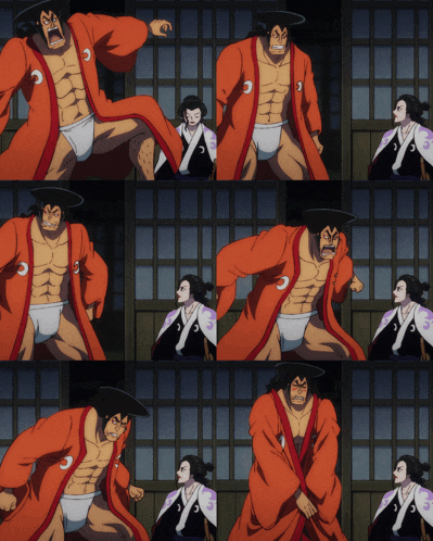 a collage of images of a man in a kimono and underwear