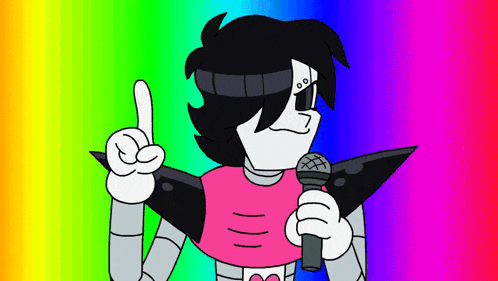 a cartoon character is holding a microphone and giving a peace sign