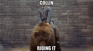 a man in a suit is riding a brown bear with the words collin riding it on the bottom