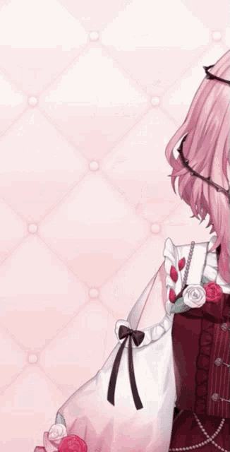 a girl with pink hair is wearing a red dress and holding a flower