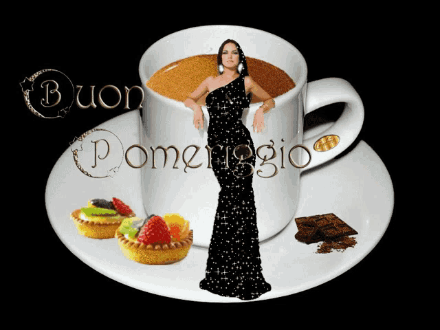 a woman in a black dress leans on a cup of coffee that says buon pomeriggio