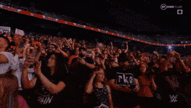 a crowd of people in a stadium with a banner that says raw