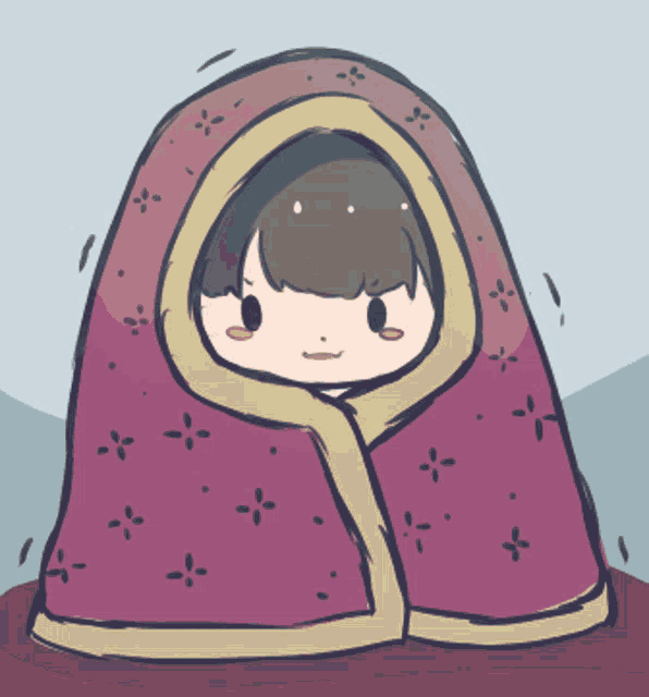 a cartoon drawing of a person wrapped in a pink blanket