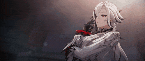 a girl with white hair and red eyes is holding a red rose in her hand