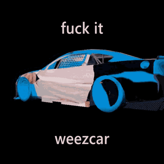 a man in a striped shirt is laying in front of a blue race car that says weezcar