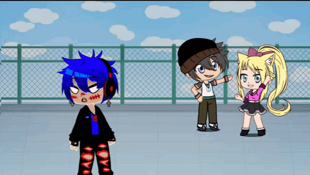 a boy with blue hair and headphones stands next to a girl with blonde hair