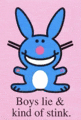 a blue bunny with a pink nose is smiling on a pink background .