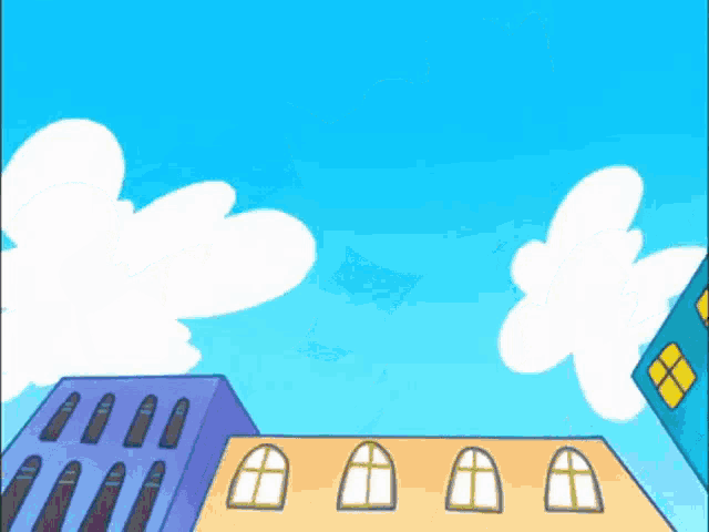 a cartoon drawing of a city with a blue sky and clouds