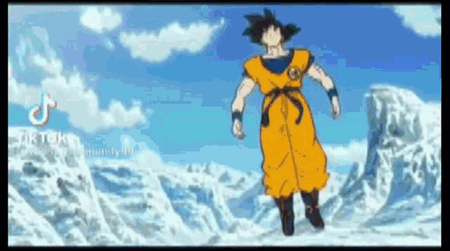 a cartoon character is standing in front of a snowy mountain .