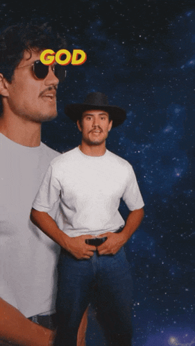 a man in a cowboy hat stands in front of a space background with the words god damn that sh * t so spicy