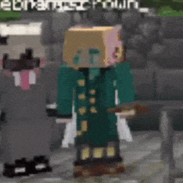 a minecraft character is standing in front of a sign that says " ebnamusic town "