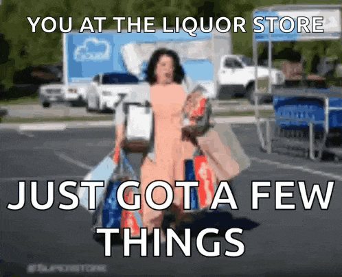 a woman is carrying shopping bags in a parking lot and the caption says you at the liquor store just got a few things .