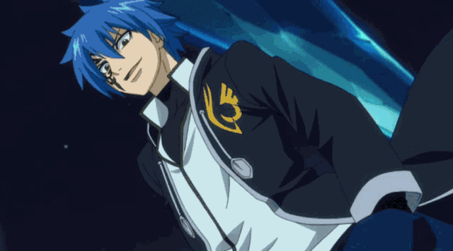 a cartoon character with blue hair and a black jacket with a yellow emblem on it
