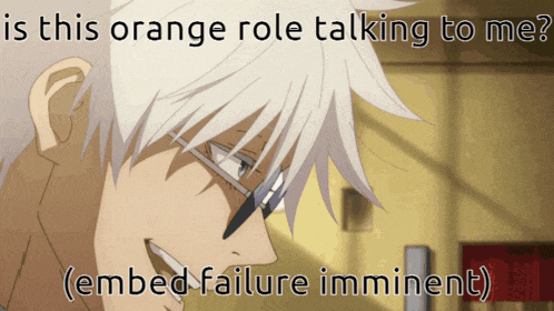 a picture of a man with the caption " is this orange role talking to me embedded failure imminent "