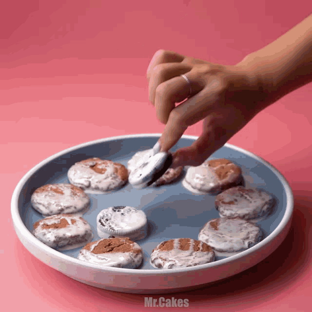 a person reaches for a cookie on a plate that says mr.cakes on the bottom