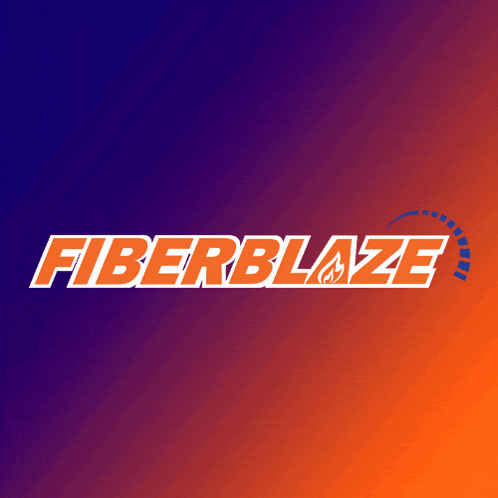 a blue and orange logo for fiberblaze with a flame in the middle