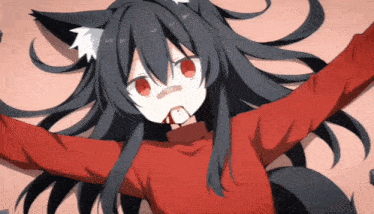 a girl with long black hair and red eyes is wearing a red shirt