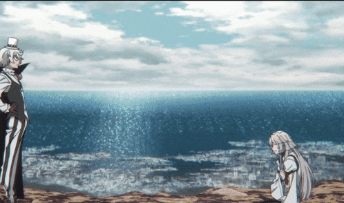 a man in a top hat stands next to a little girl in front of the ocean