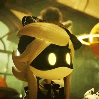 a close up of a cartoon character with glowing eyes and a bow tie .