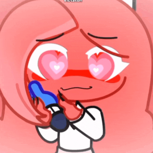 a cartoon of a girl with heart shaped eyes holding a blue object