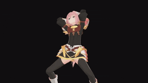a girl with pink hair is standing in front of a black background holding a gun .