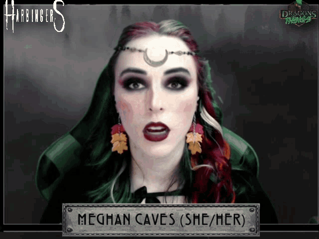 a picture of a woman with the name meghan caves on the bottom