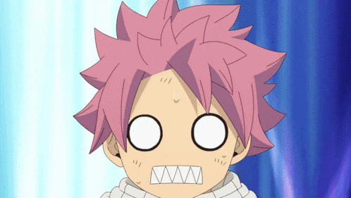 a close up of a cartoon character with pink hair and white eyes