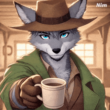 a cartoon of a wolf wearing a hat and holding a cup of coffee with nim written on the bottom