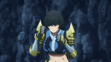 a girl in a blue and yellow outfit with a sword in her hand