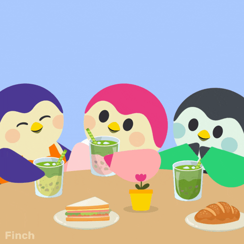 a cartoon of penguins sitting at a table with brunch written on the bottom