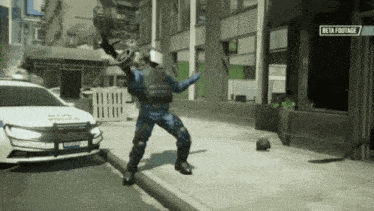 a police officer is standing on the sidewalk in front of a police car