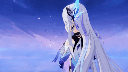 a girl with long white hair and blue feathers in her hair stands in front of a blue sky
