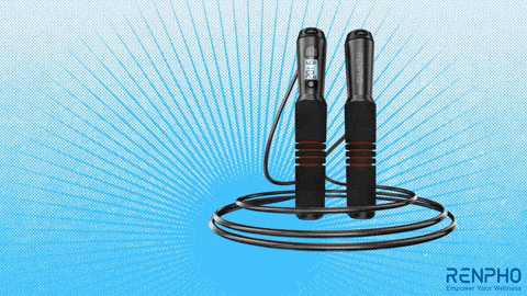 a jump rope with a digital display says renpho on the bottom right