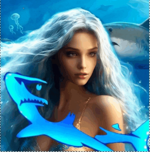 a painting of a mermaid with a blue shark in the background