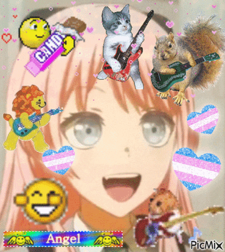 a picture of a girl with a cat playing a guitar and a squirrel playing guitar