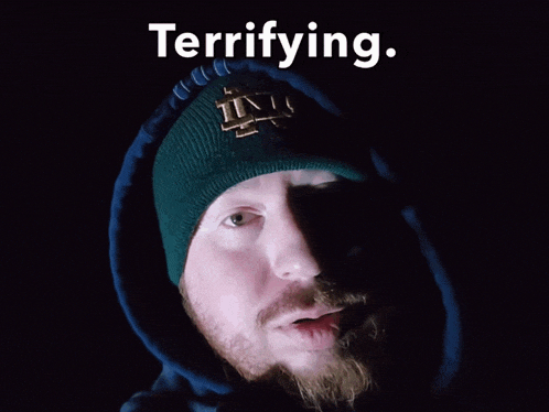 a man with a beard wearing a hoodie and a beanie says terrifying