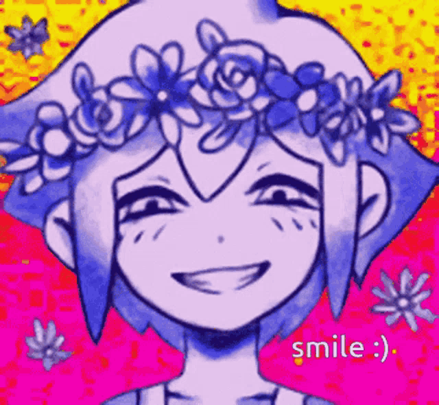 a drawing of a girl with a flower crown on her head and the words smile below her