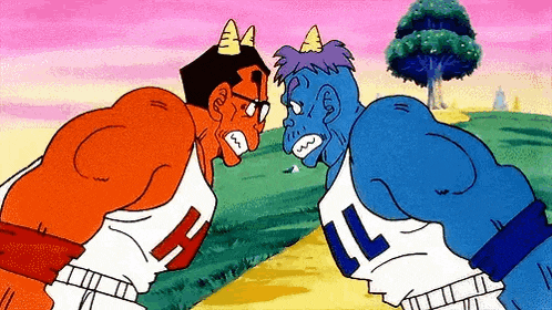 two cartoon characters , one red and one blue , are standing next to each other in a field .