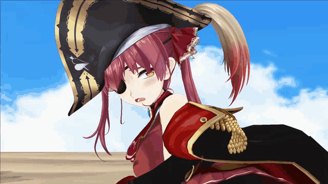 a girl with red hair is wearing a pirate hat and eye patch