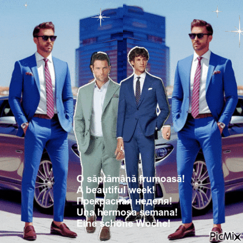 three men in suits and ties are standing in front of a car and a building