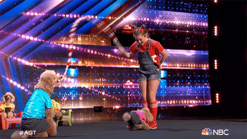 a girl and two dogs on a stage with the nbc logo on the bottom