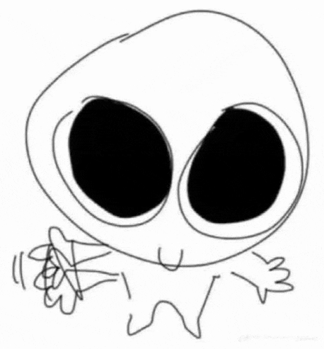 a black and white drawing of a cartoon character with big eyes and a smiley face .