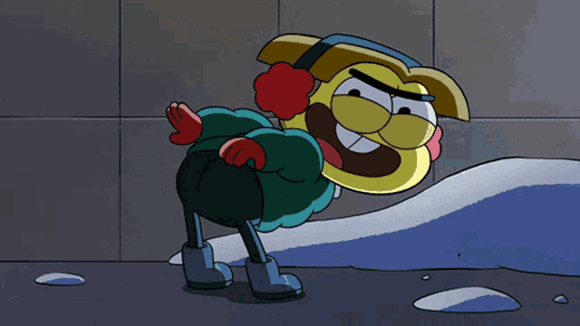 a cartoon character in a green jacket and blue boots is standing on a snowy surface